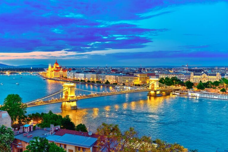 Szechenyi Chain Bridge and Parliament at dusk from Fisherman Bastion. Budapest Hungary.