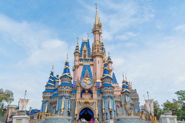 Cinderella Castle in the new pink and blue paint for the 50th celebration